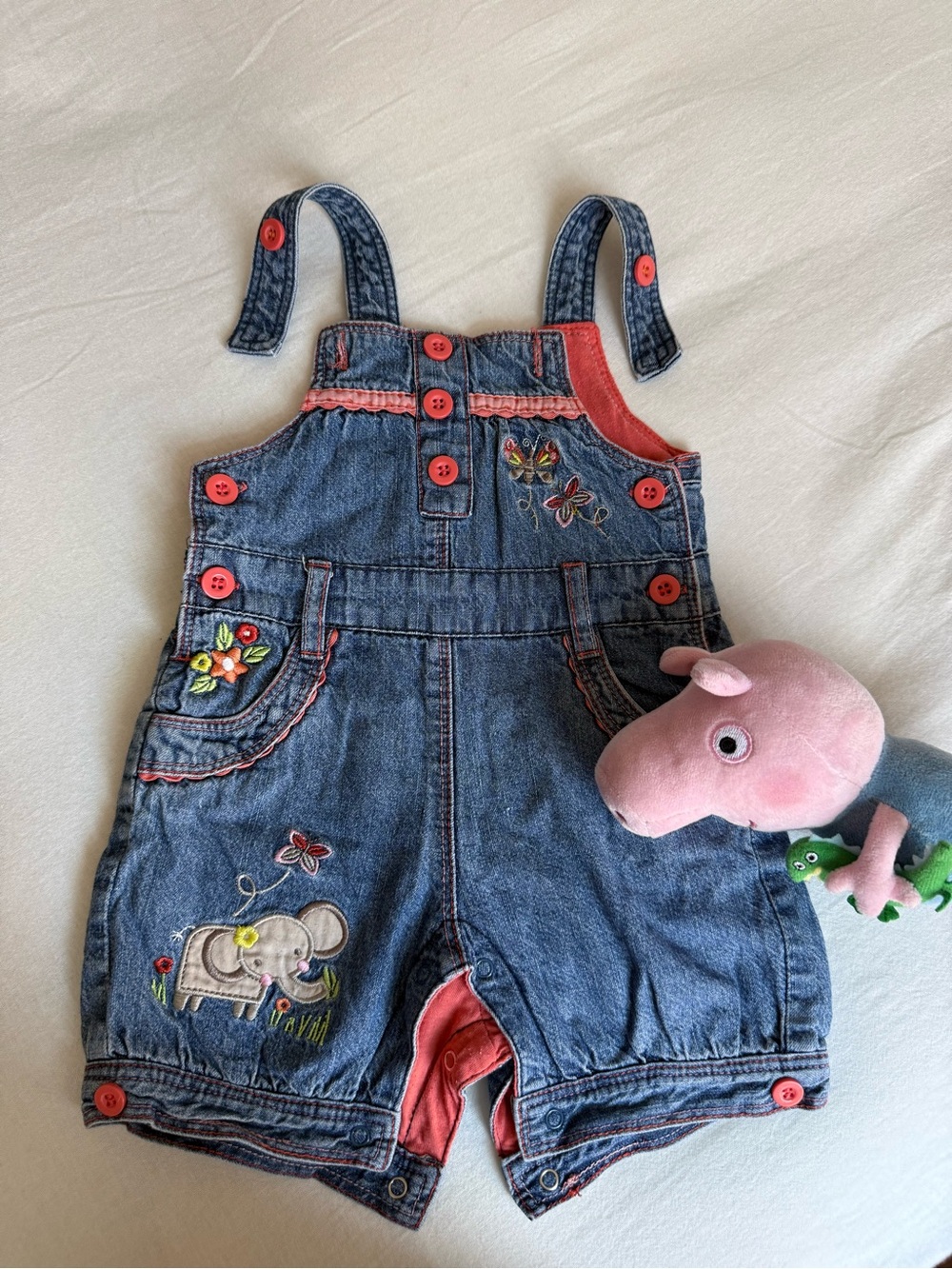 Denim Embroidered Girls' Short Overalls - Coral Accents